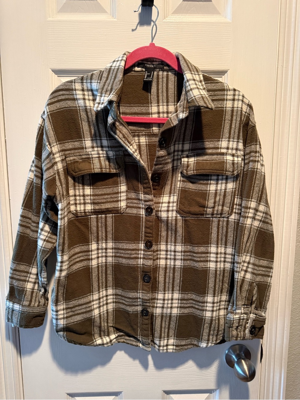 Forever 21 Brown Plaid Fleece Shacket Button Down Women’s Size M